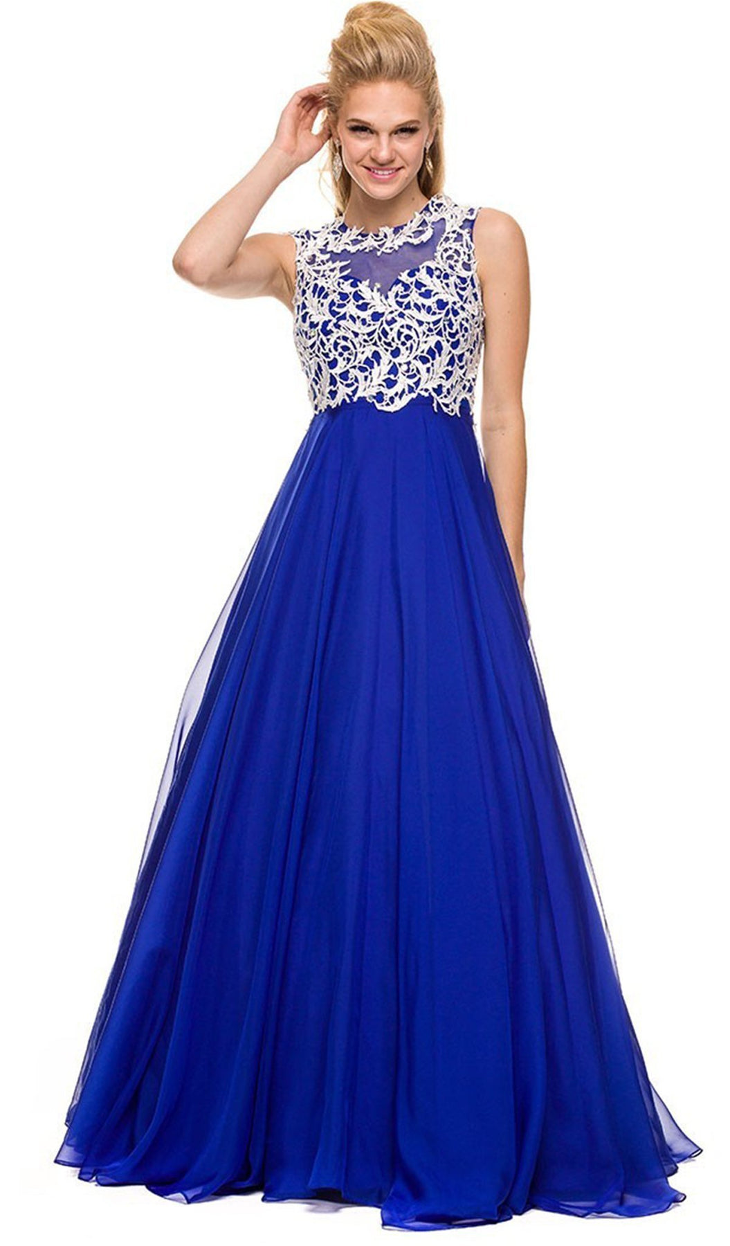 Nox Anabel - 8154SC Scroll Lace Applique A-Line Chiffon Gown