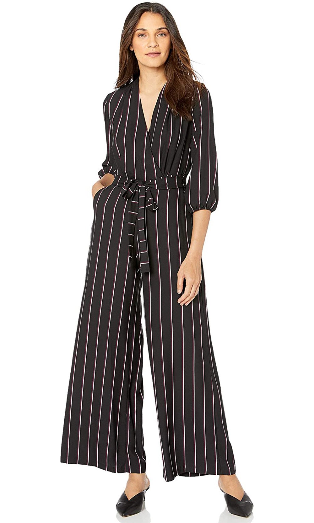 Gabby Skye - 91139MG Quarter Sleeve Stripe V-Neck Jumpsuit In Multi-Color