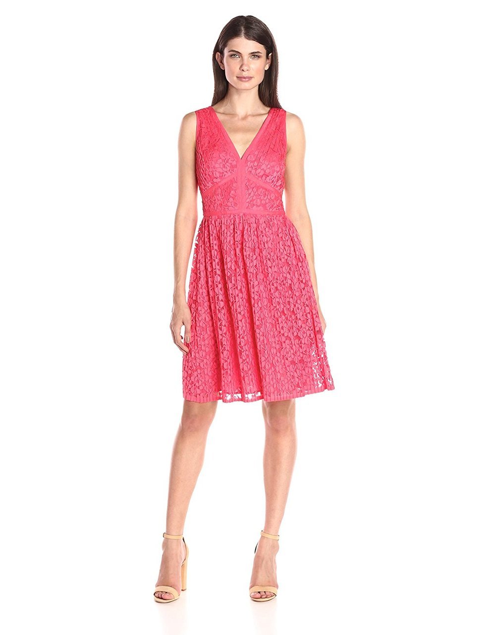 Maggy London - G2521M Pleated Floral Lace Dress in Red