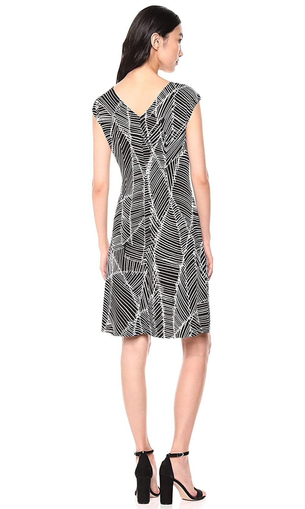 London Times - T3704M Knee Length Multi-Print V-Neck Dress In Black