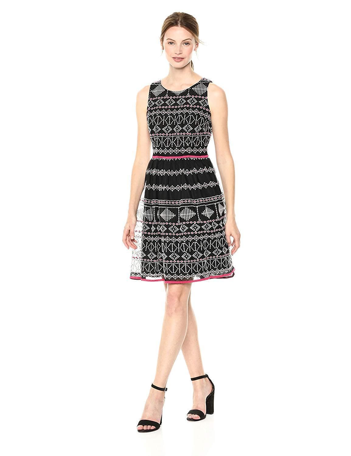 Taylor - 9722M Sleeveless Piped Multi-Print A-Line Dress In Black