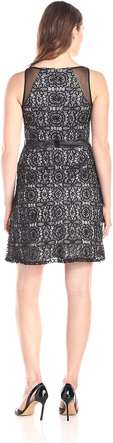 Adrianna Papell - 41908460 Sheer Accented Floral Crochet Lace Dress In Black and Silver