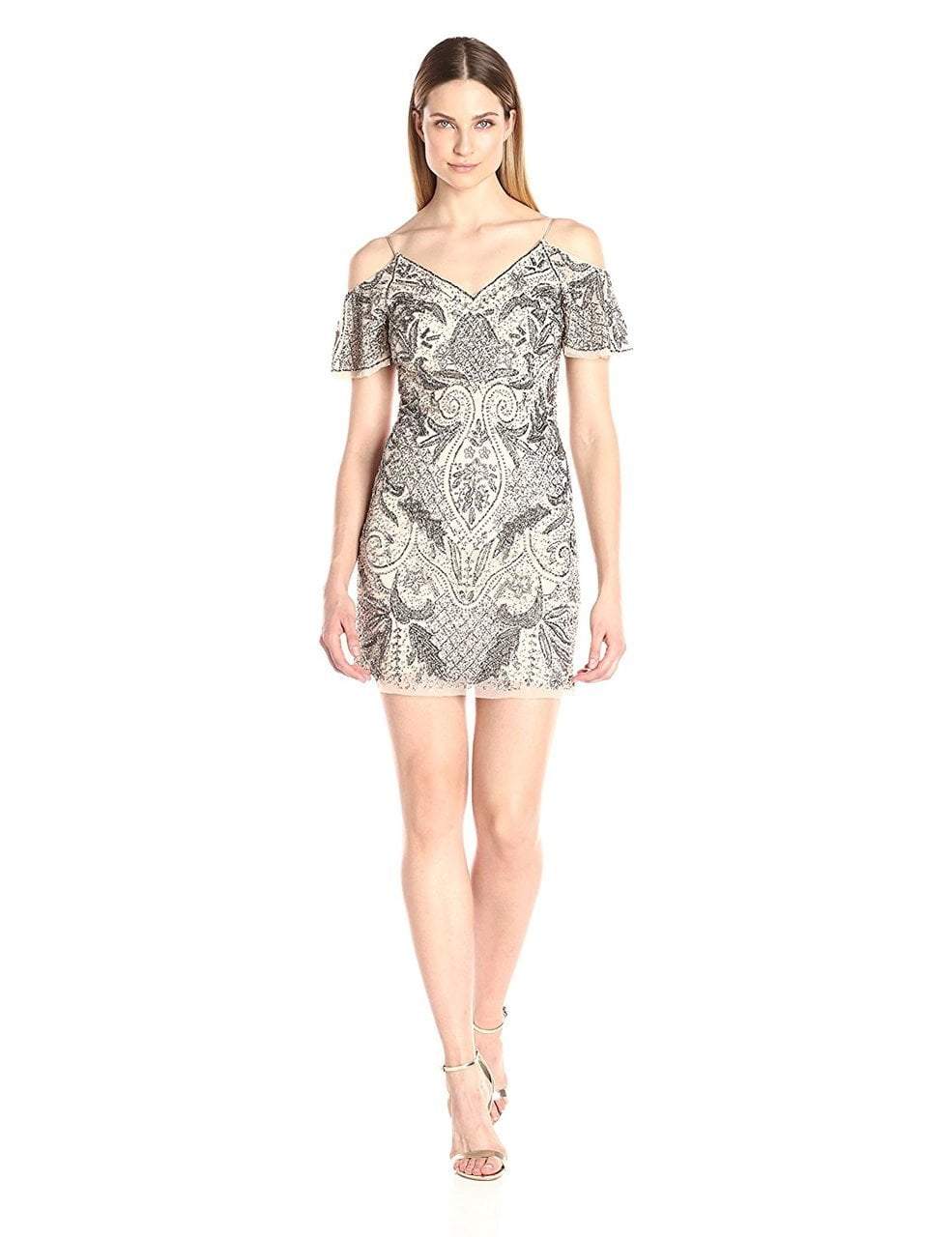 Aidan Mattox - MD1E200820 Beaded V-Neck Sheath Dress in Neutral