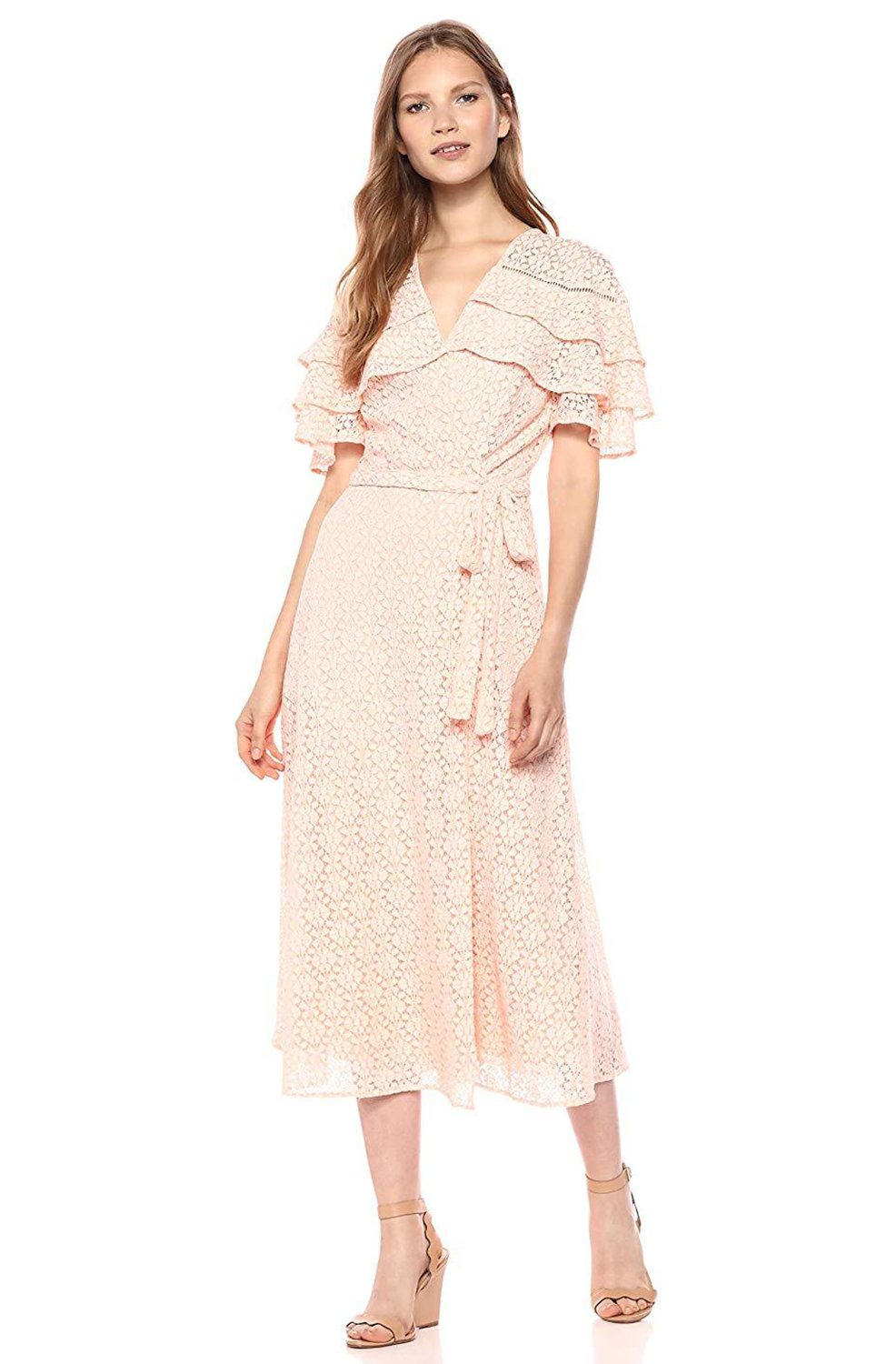 Taylor - 9584M Tiered Lace V-Neck A-Line Dress In Pink