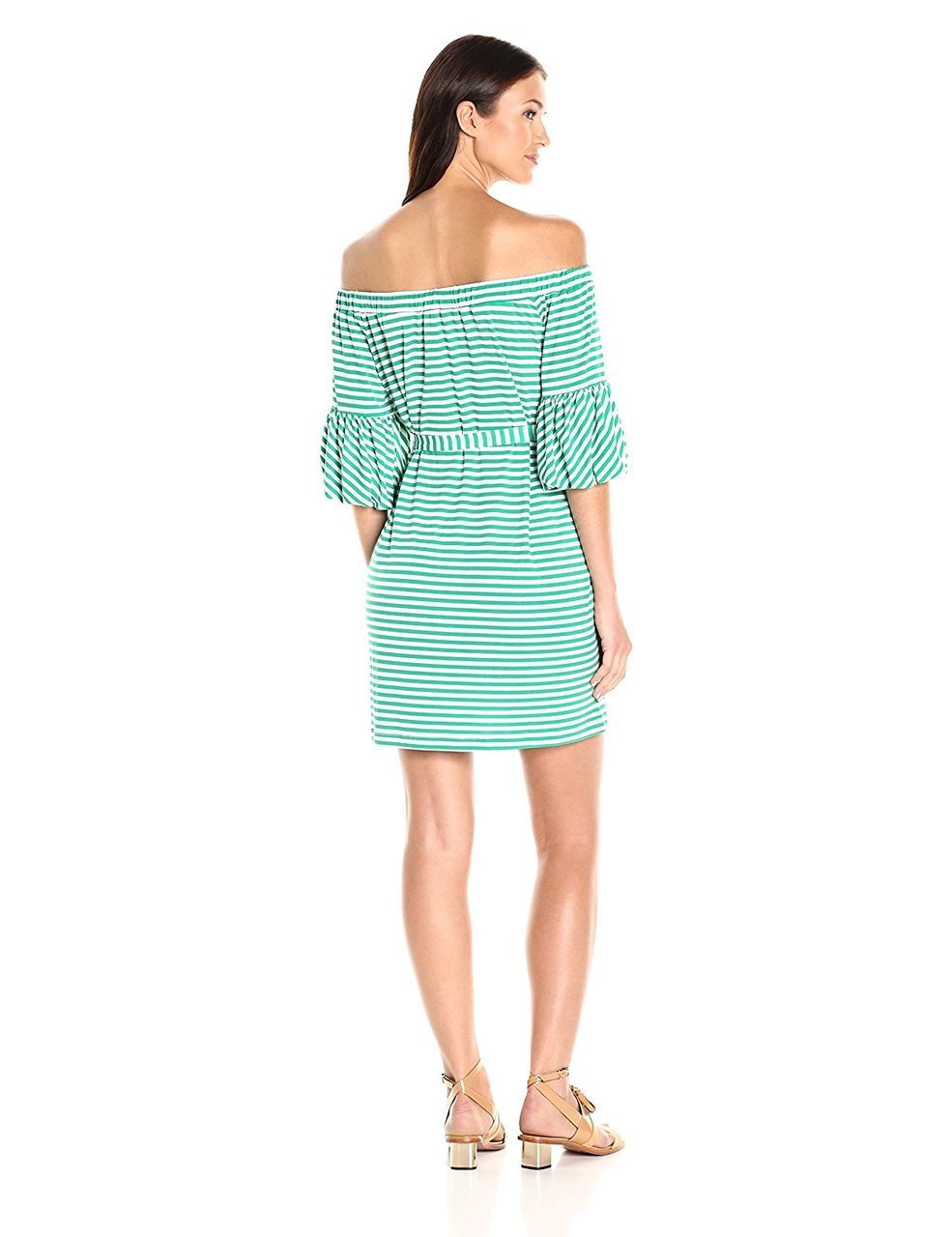 Donna Morgan - D5259M Striped Off Shoulder Bell Sleeve Dress in Green and White