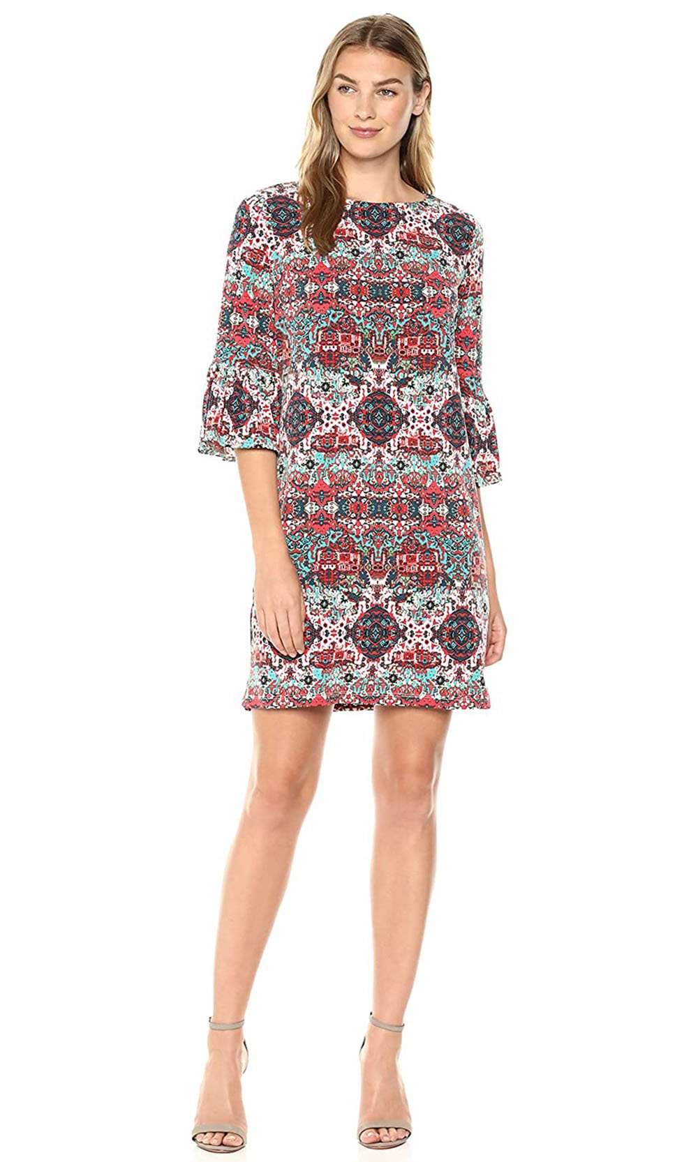 London Times - T3687M Circular Flounce Sleeve Multi Print Jersey Dress In Multi-Color