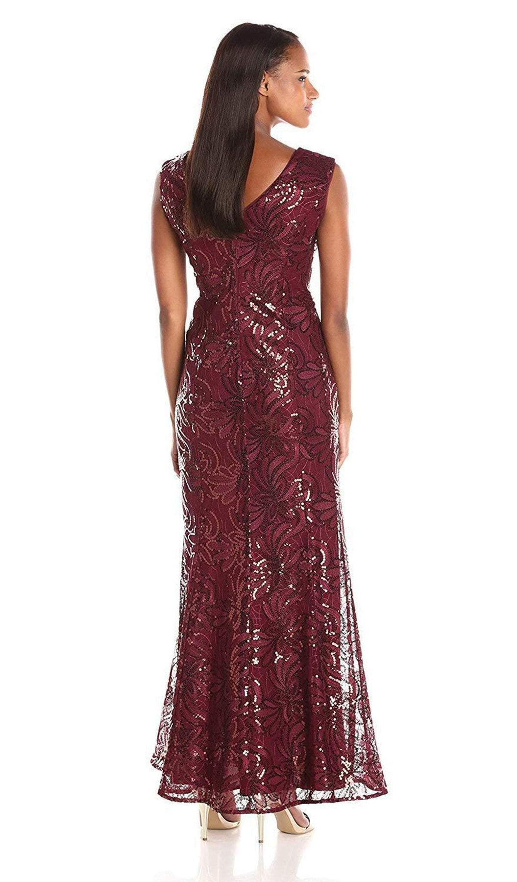 Ignite Evenings - 3399 Cap Sleeve Floral Sequined Mermaid Gown In Red