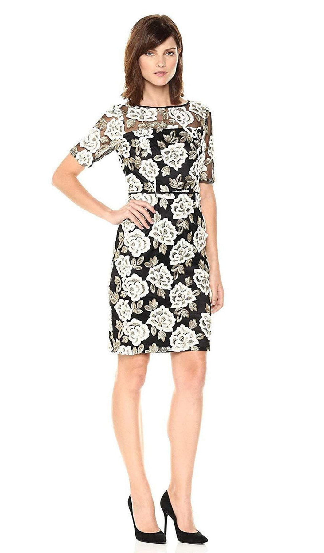 Adrianna Papell - AP1D101410 Floral Embroidered Illusion Bateau Dress In White and Gold