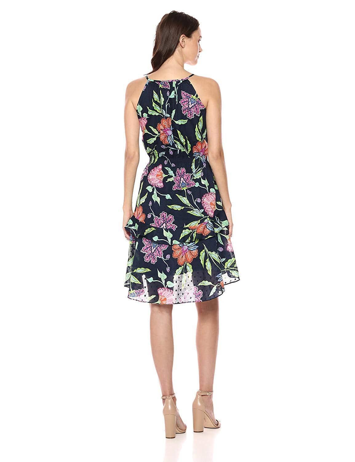 Taylor - 9682M Floral Print Tie Keyhole Front Dress In Blue and Floral
