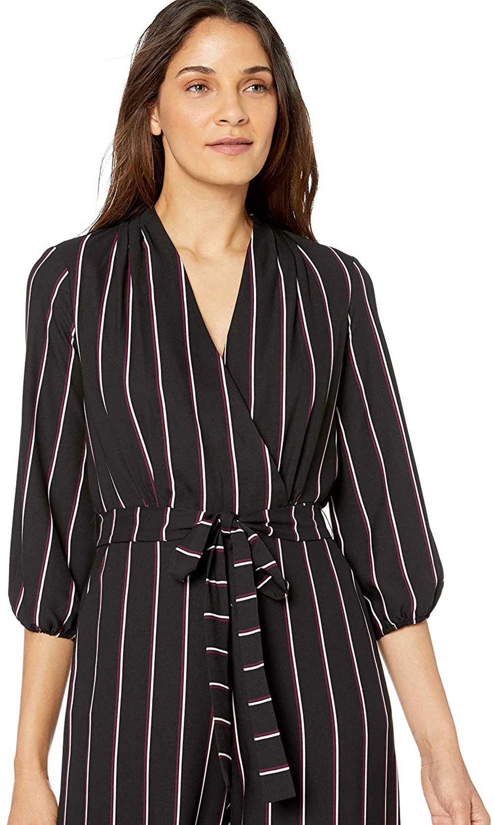 Gabby Skye - 91139MG Quarter Sleeve Stripe V-Neck Jumpsuit In Multi-Color