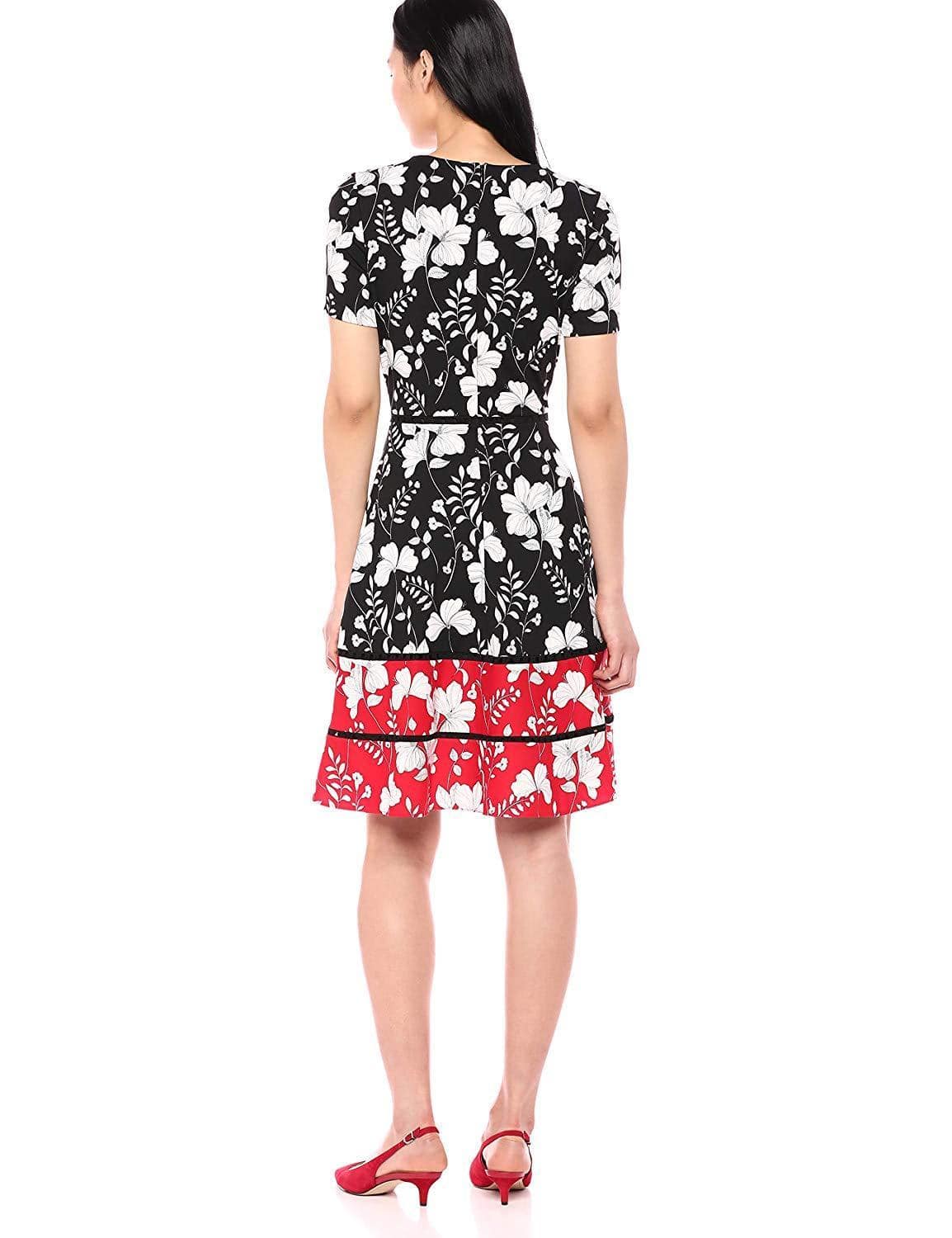 Taylor - 1204M Short Sleeves Floral Print Stretch Crepe Dress In Black and Multi-Color