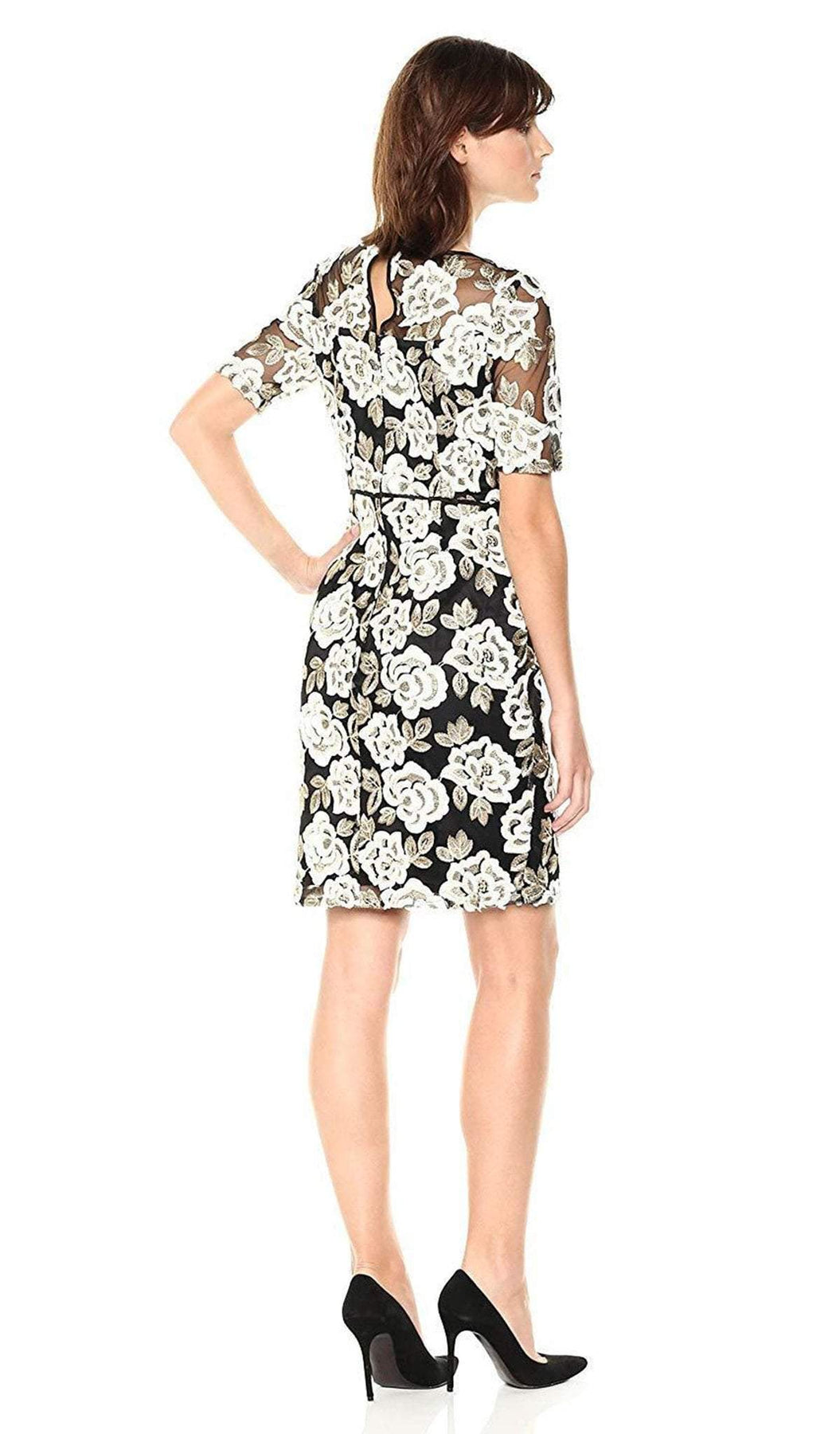 Adrianna Papell - AP1D101410 Floral Embroidered Illusion Bateau Dress In White and Gold