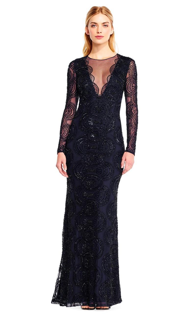 Aidan Mattox MD1E201413 - Long Sheath Dress - Medallion Beadwork, Mesh, Long  Sleeves, Diamond Cutout Back, Back Zipper Closure, Full Length Hem  ADASA