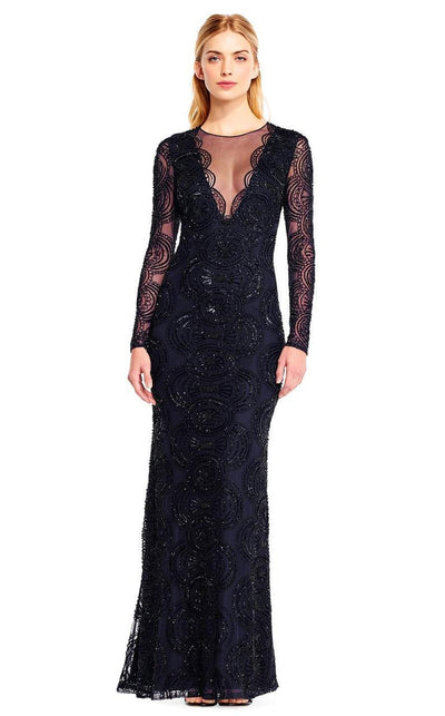 Aidan Mattox - MD1E201413 Long Sleeve Illusion Plunge Cutout Gown in Blue and Black