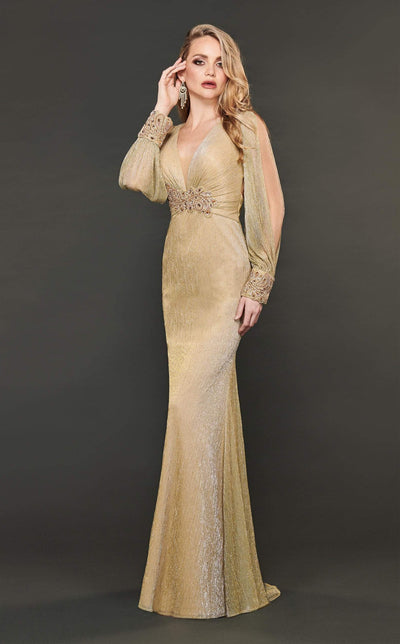 Rachel Allan Couture - 8402 Long Sleeve Plunging V-neck Trumpet Dress In Gold