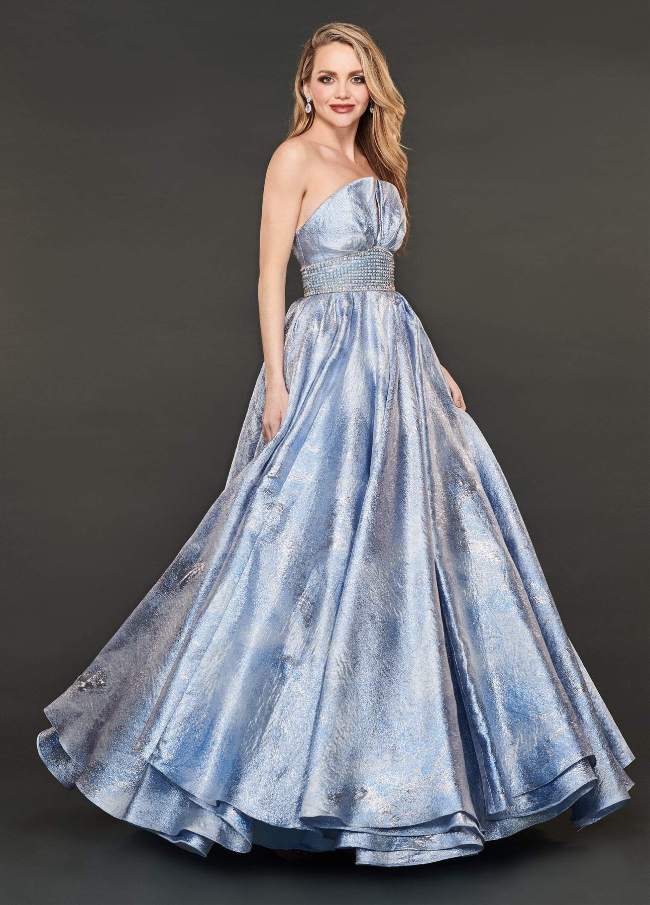Rachel Allan Couture - 8418 Strapless Metallic Pleated Ballgown In Blue