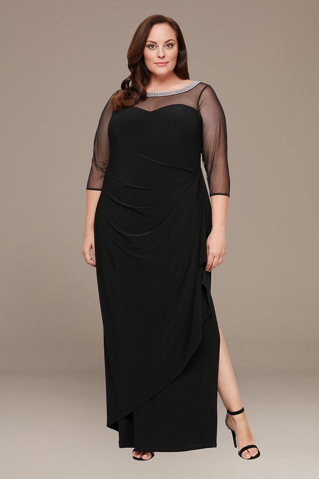 Alex Evenings Plus Size Illusion-Trim Ruffled Gown - Black - 20W Alex Evenings Plus Size Illusion-Trim Ruffled Gown - Black - 20W