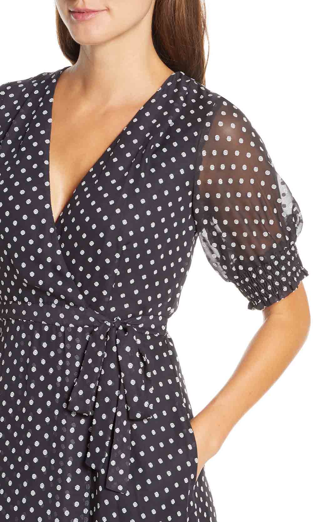 Maison Tara - 95109M Tea Length Polkadot Faux Wrap Dress In Blue and Print