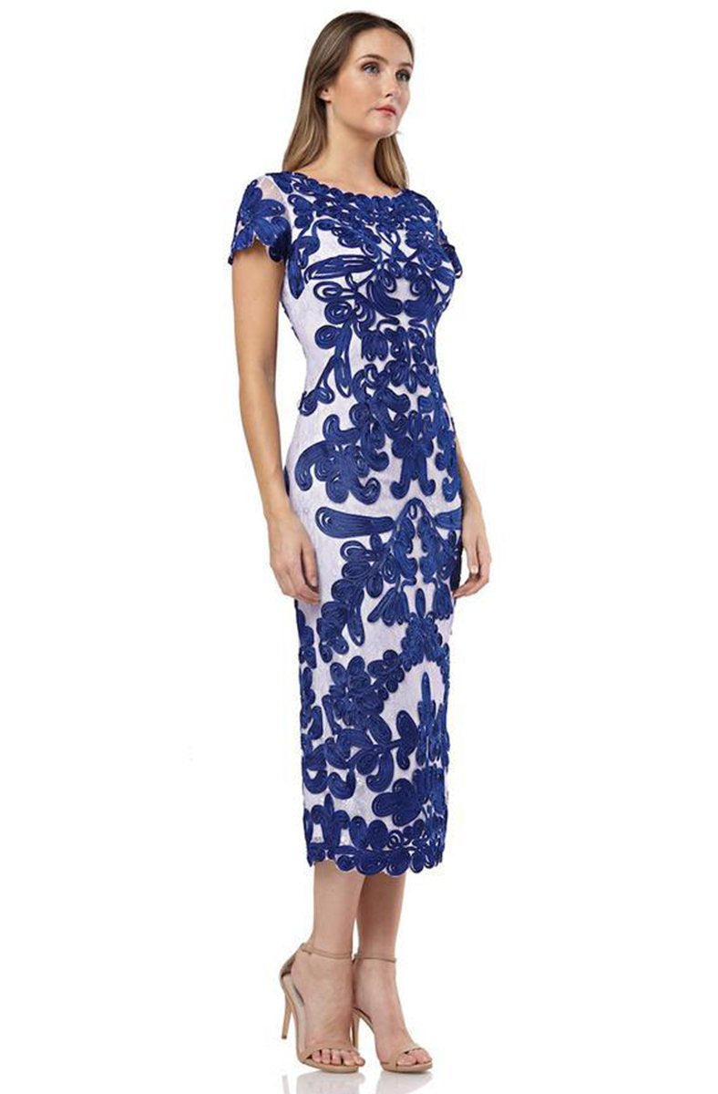 JS Collections 865626 - Tea-Length Sheath Dress - Lace, Soutache Applique, Short Sleeve, V Back, Partially Lined (100% Polyester), Back Zipper Closure, Back Slit ADASA JS Collections 865626 - Tea-Length Sheath Dress - Lace, Soutache Applique, Short Sleeve, V Back, Partially Lined (100% Polyester), Back Zipper Closure, Back Slit ADASA