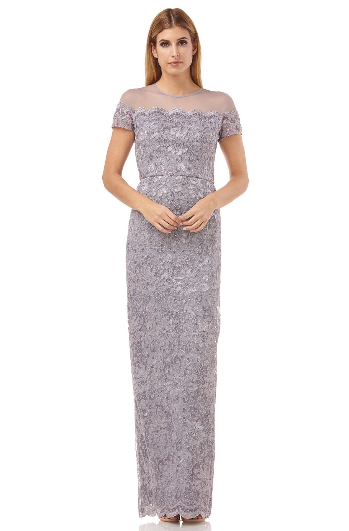 JS Collections - Scallop Sheer Neck Floral Embroidered Dress 866648SC