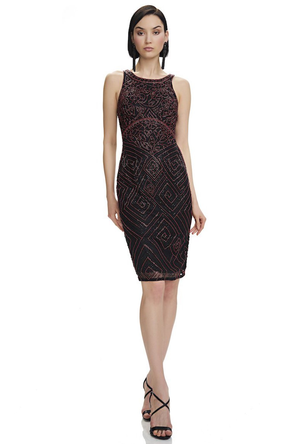 Theia 883782 - Knee-Length Beaded Mesh Column Dress - Fitted, Sleeveless, Glass Seed Beads, Sheer Hemline, Scoop Back, Back Zipper Closure ADASA Theia 883782 - Knee-Length Beaded Mesh Column Dress - Fitted, Sleeveless, Glass Seed Beads, Sheer Hemline, Scoop Back, Back Zipper Closure ADASA