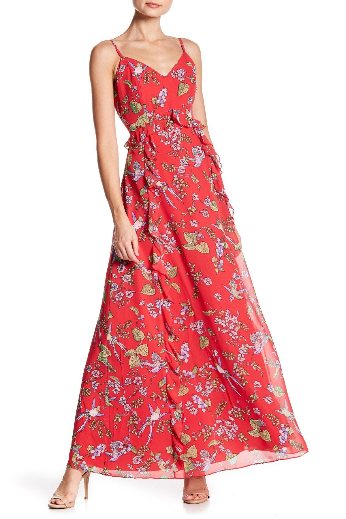Nanette Nanette Lepore NX8S19J22 - Long A-Line Dress - Sleeveless, Spaghetti Straps, Flutter Details, Print, A-Line Skirt, Back Zipper ADASA Nanette Nanette Lepore NX8S19J22 - Long A-Line Dress - Sleeveless, Spaghetti Straps, Flutter Details, Print, A-Line Skirt, Back Zipper ADASA