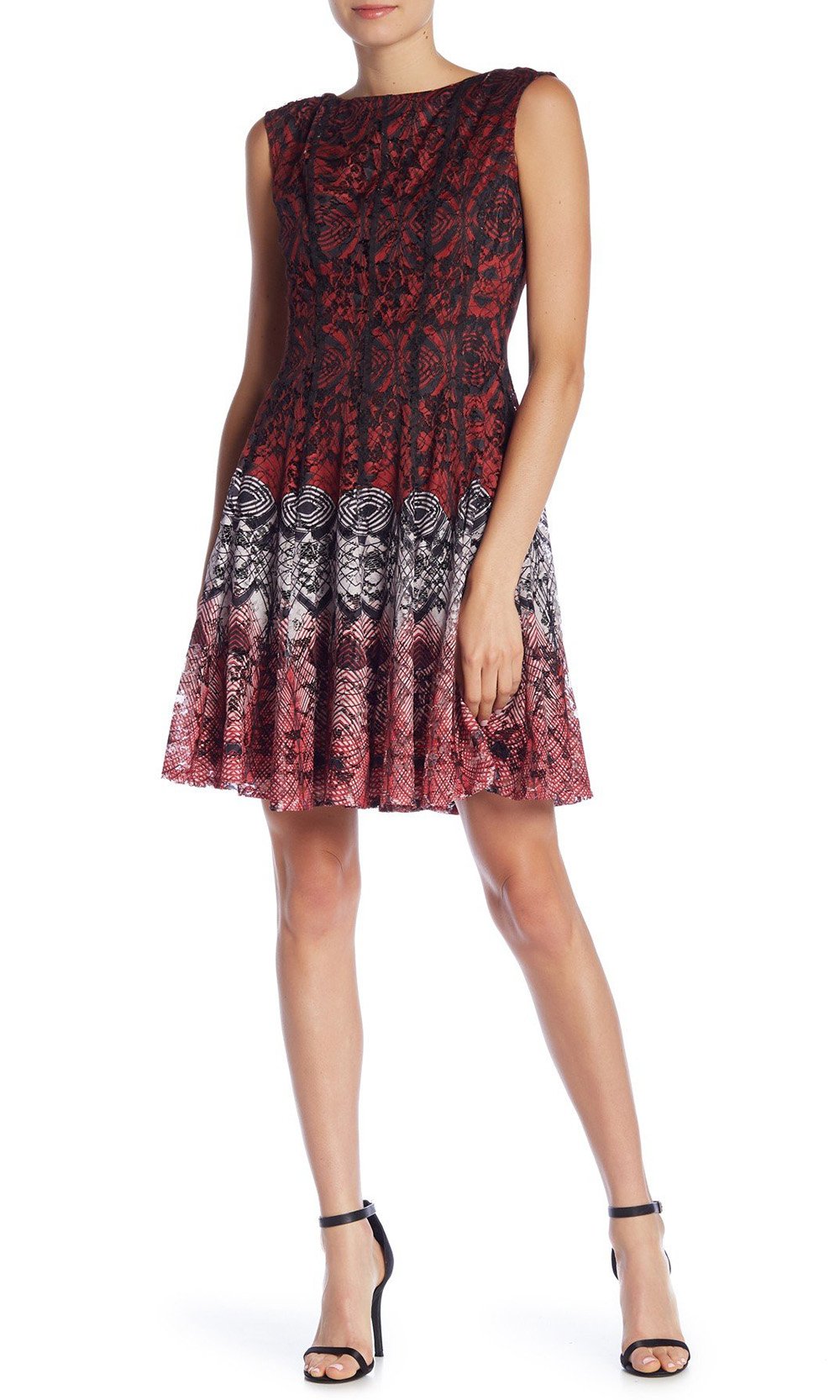 Gabby Skye - 56339MG Multi-Print Gradient Knit Lace A-Line Dress In Red and Multi-Color