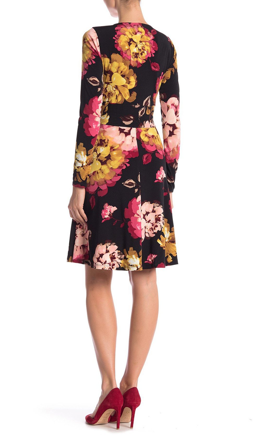 London Times - T3417M Long Sleeve Multi-Color Floral Print Dress In Black and Print