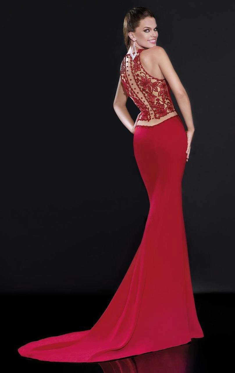 Tarik Ediz - Floral Beaded Back Details Svelte Gown 92546 in Red