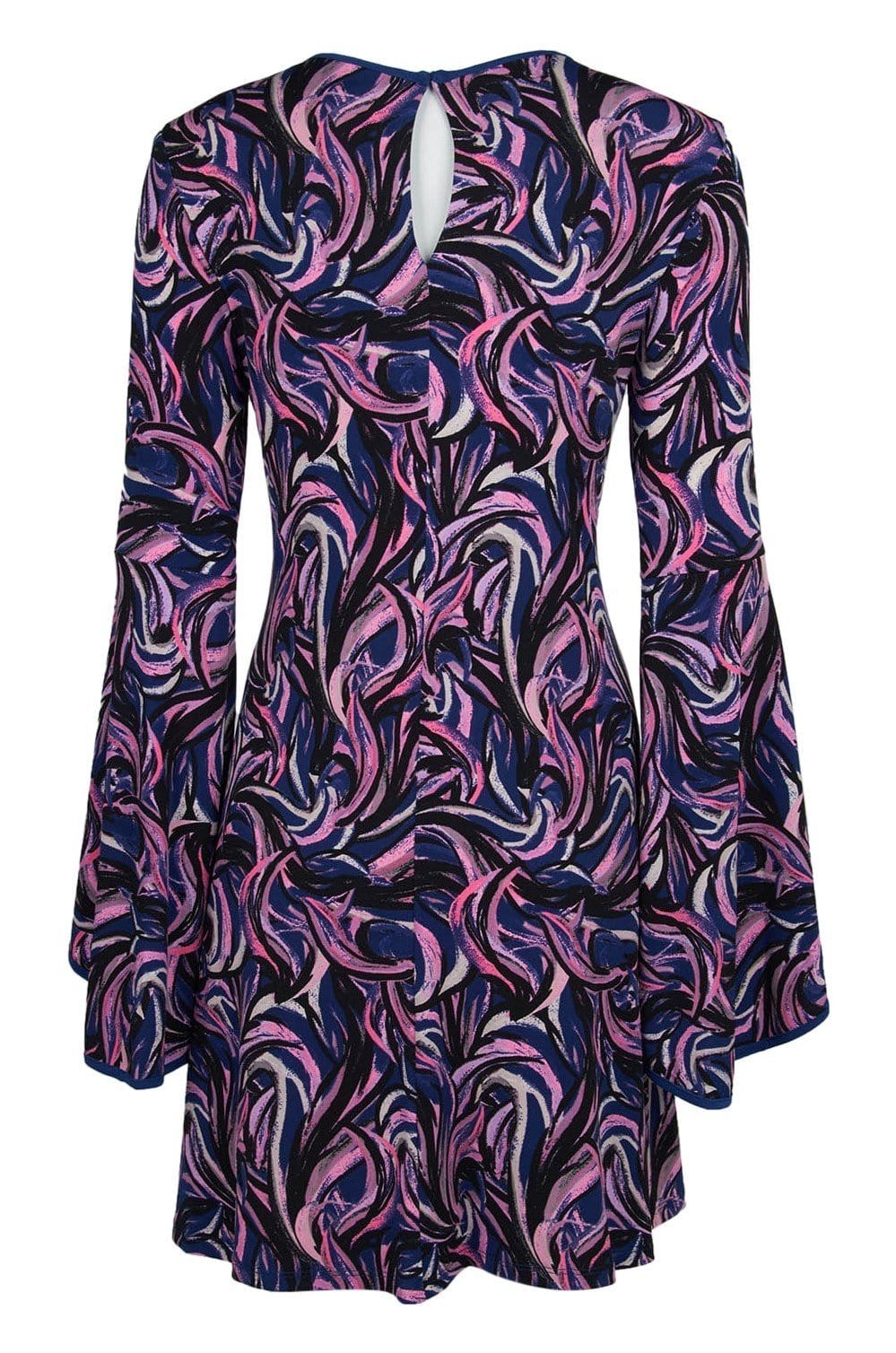 Taylor - 9338M Long Bell Sleeve Printed A-Line Dress In Blue and Pink