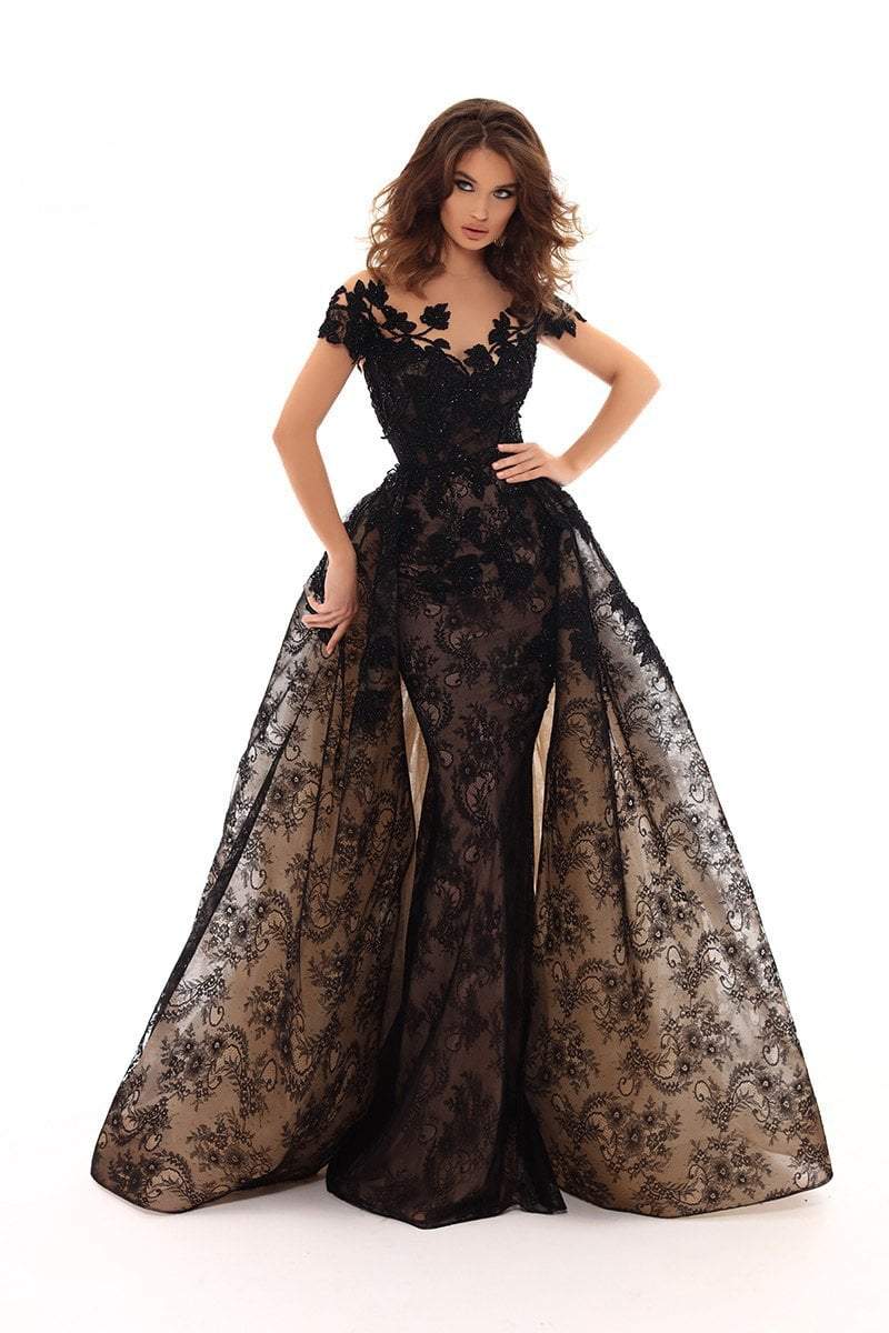 Tarik Ediz 93627 - Long Sheer Fabric Mermaid Dress - Sheer Fabric, Short Sleeves, Lace Embroidery, Embellishments, Trumpet Skirt, Detachable Train ADASA Tarik Ediz 93627 - Long Sheer Fabric Mermaid Dress - Sheer Fabric, Short Sleeves, Lace Embroidery, Embellishments, Trumpet Skirt, Detachable Train ADASA