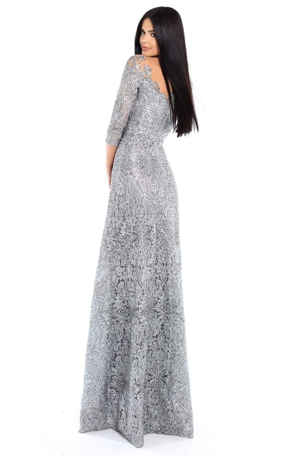 Tarik Ediz - 93677 Illusion Quarter Sleeve Jewel Adorned Sheath Gown In Silver