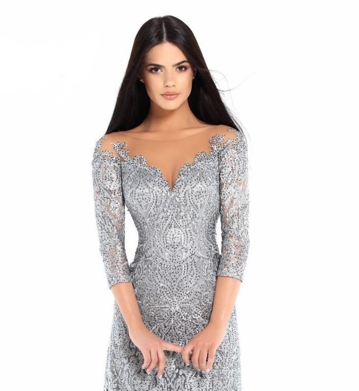 Tarik Ediz - 93677 Illusion Quarter Sleeve Jewel Adorned Sheath Gown In Silver