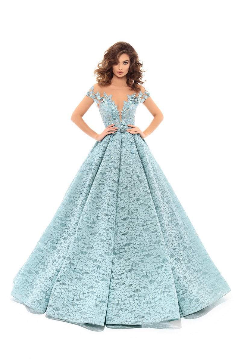 Tarik Ediz - 93706 Lace Embroidered Pleated Ballgown In Blue