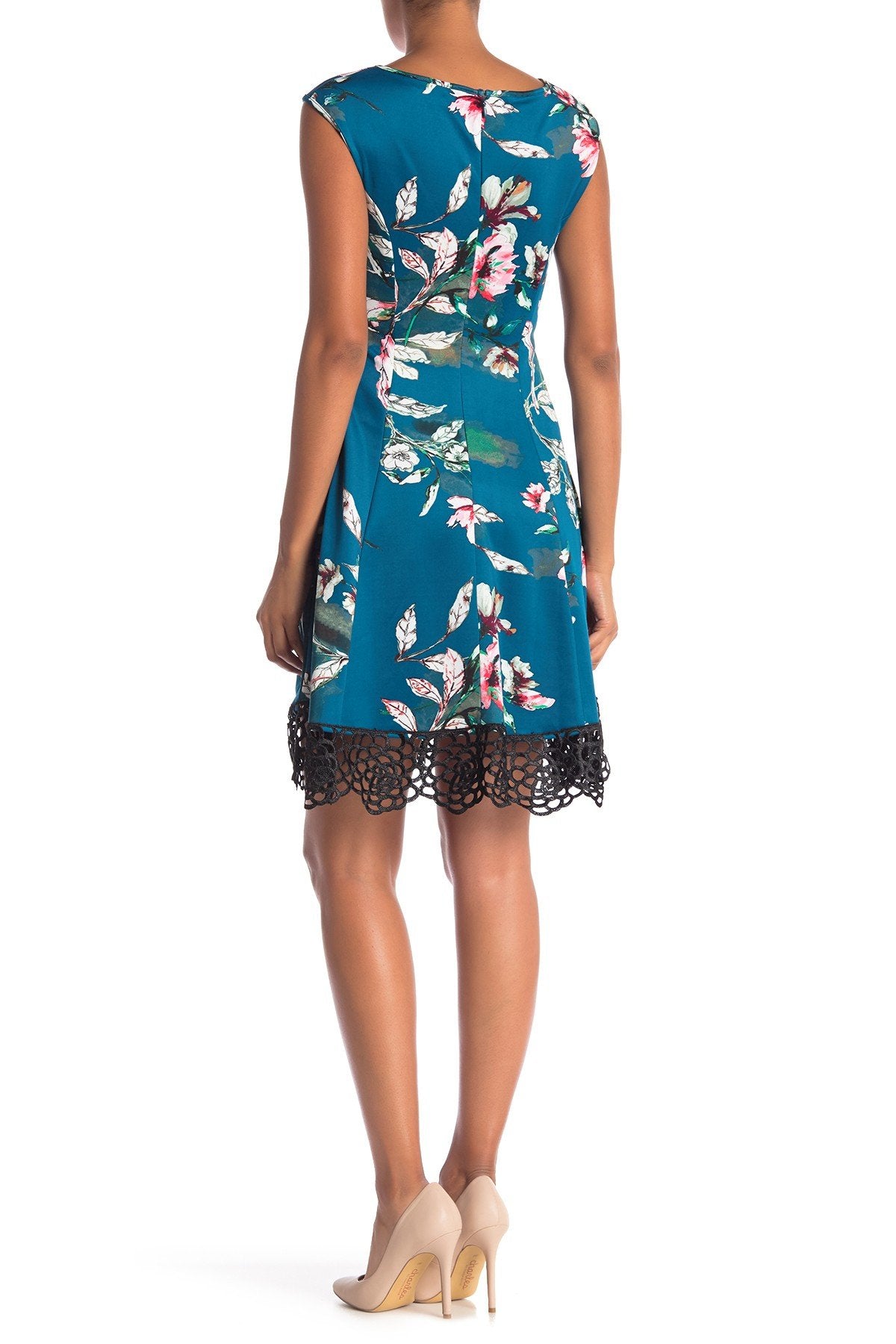 Donna Ricco - DR50916 Floral Printed Bateau Scuba A-line Dress In Green and Multi-Color