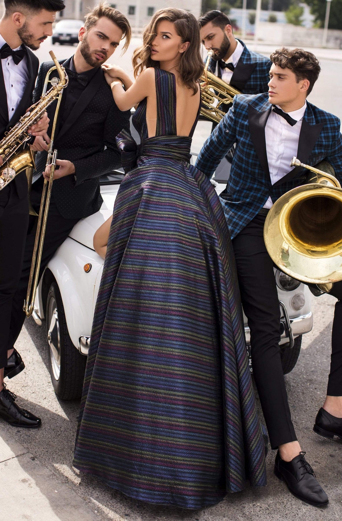 Tarik Ediz - 93910 Deep V-neck Ballgown With Bow Accent Prom Dresses