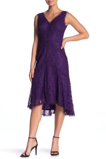 Taylor - 1144M Sleeveless Loops Trimmed V Neck Hi-Lo Hem Lace Dress In Purple