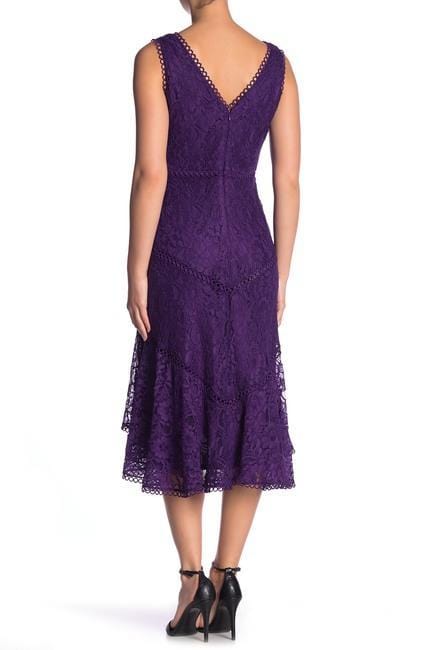 Taylor - 1144M Sleeveless Loops Trimmed V Neck Hi-Lo Hem Lace Dress In Purple