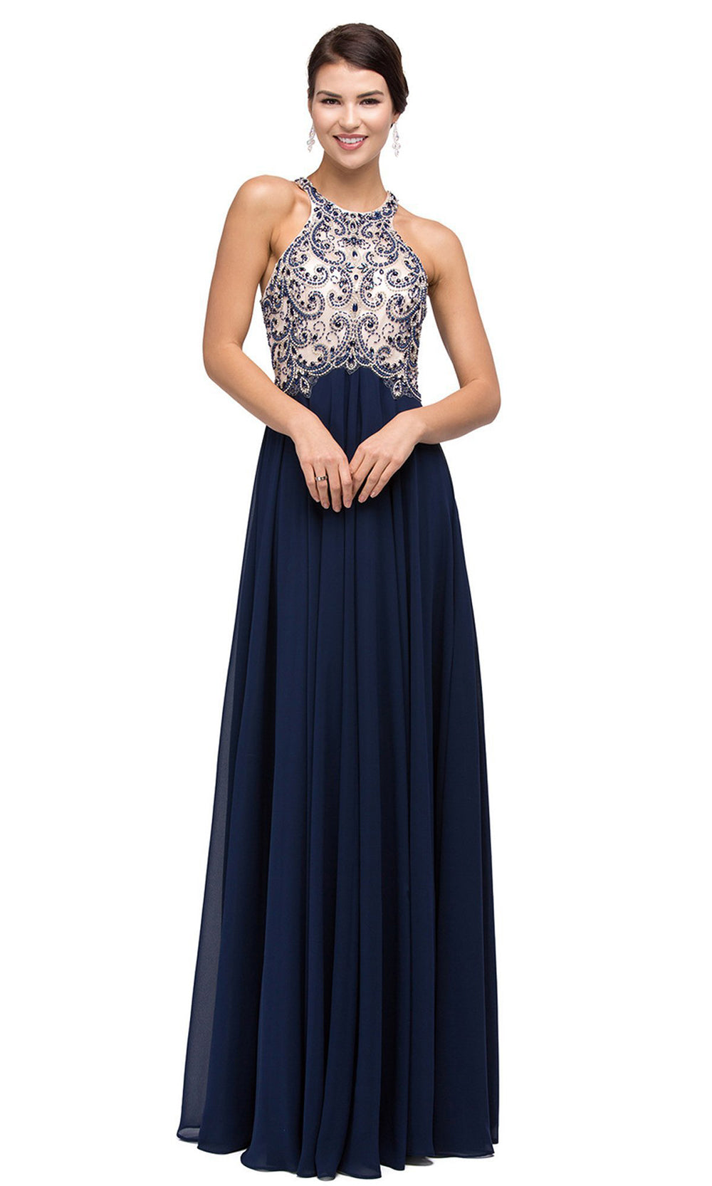 Dancing Queen Chiffon Halter A-Line Evening Dress 9776 CCSALE M / Navy