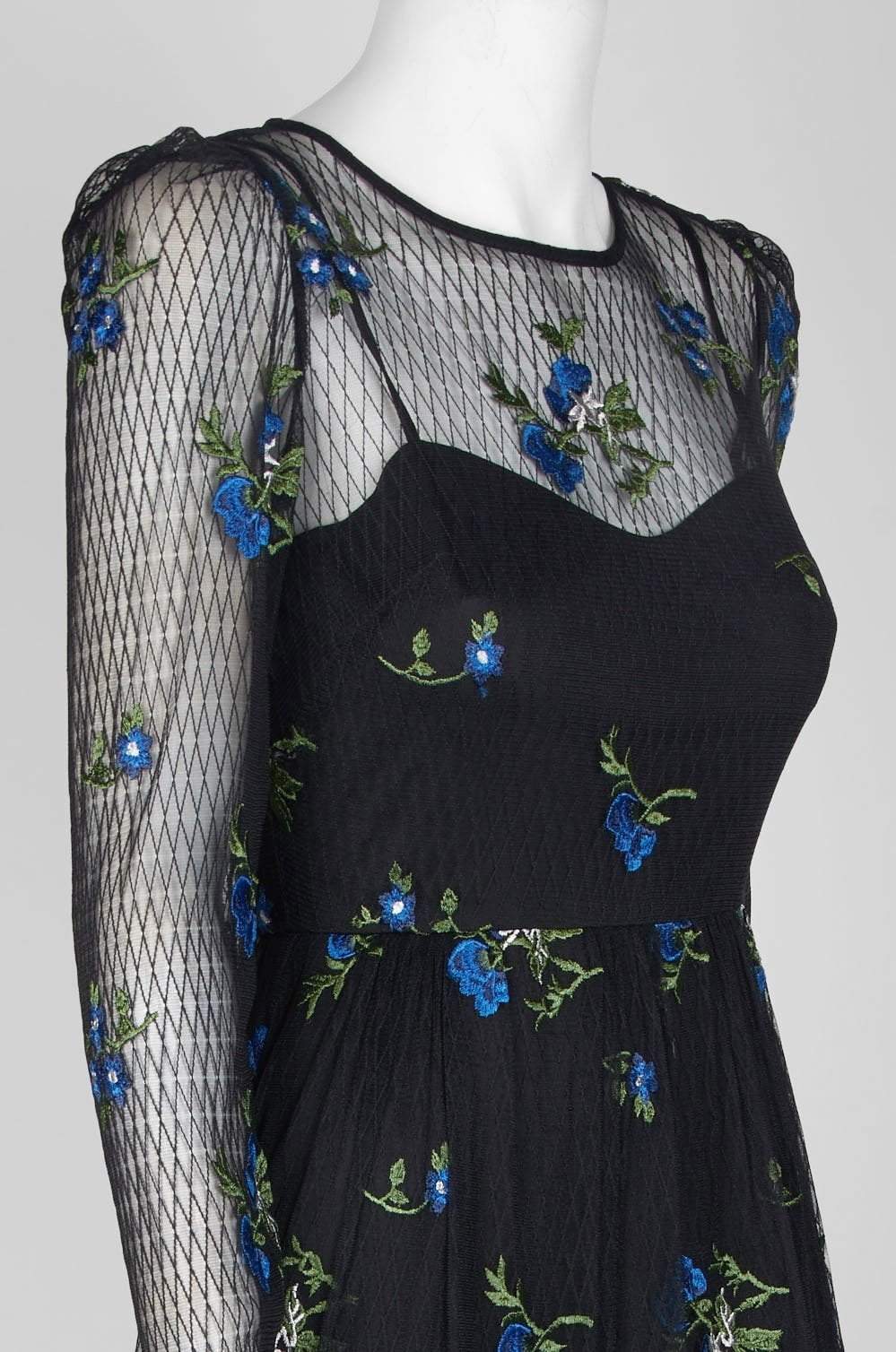 Taylor - 9862M Knee Length Puff Sleeve Illusion Embroidered Dress In Blue and Black