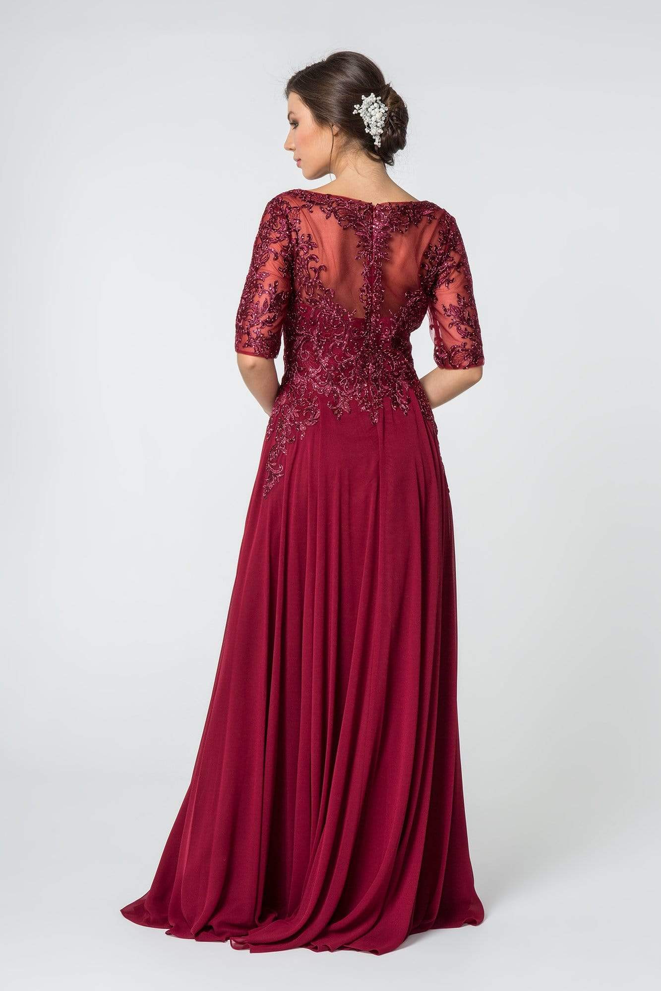 Elizabeth K - GL2811 Embroidered Quarter Length Sleeve Chiffon Dress In Red
