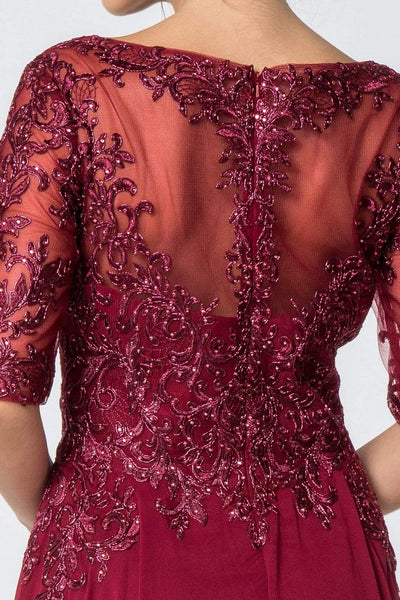 Elizabeth K - GL2811 Embroidered Quarter Length Sleeve Chiffon Dress In Red