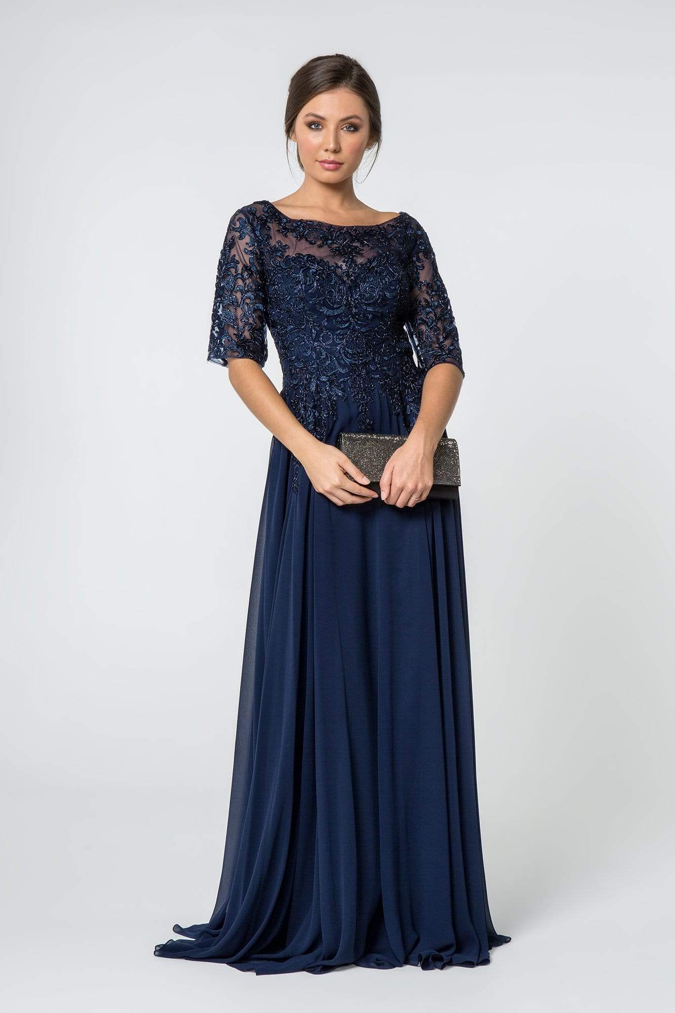 Elizabeth K - GL2811 Embroidered Quarter Length Sleeve Chiffon Dress Mother of the Bride Dresses XS / Navy