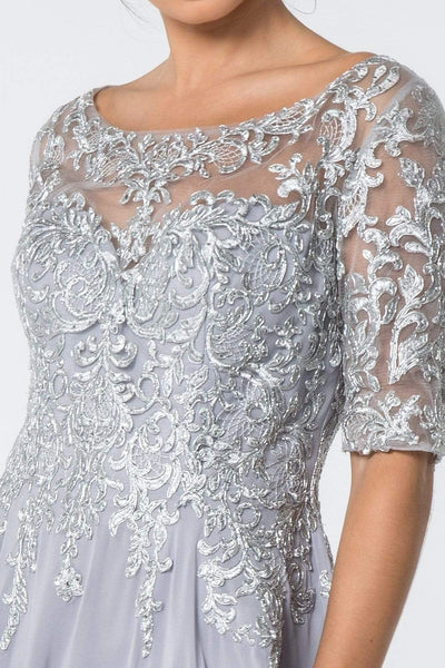 Elizabeth K - GL2811 Embroidered Quarter Length Sleeve Chiffon Dress In Silver