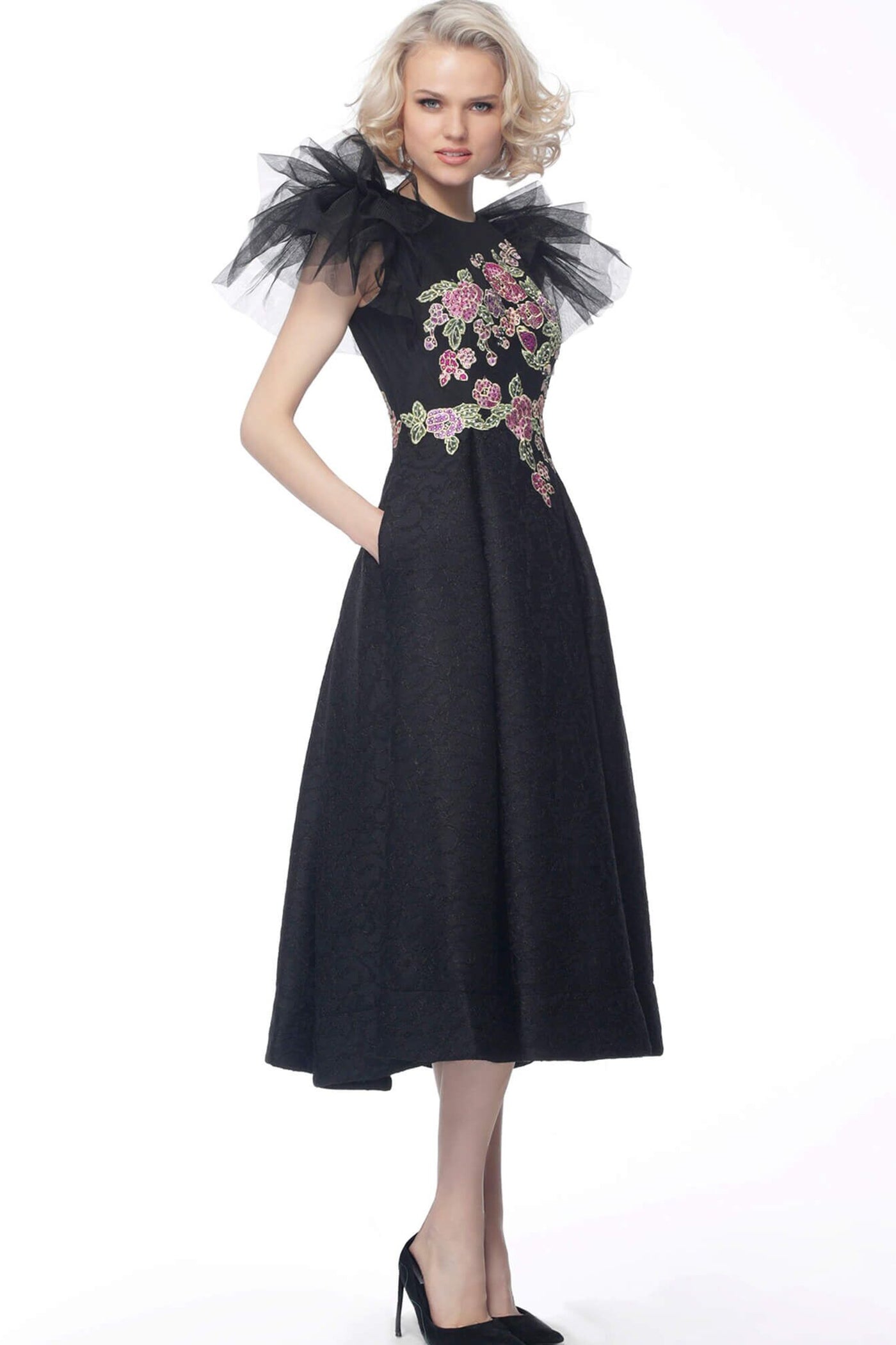 Jovani - 66417 Jewel A-line Tea Length Dress In Black