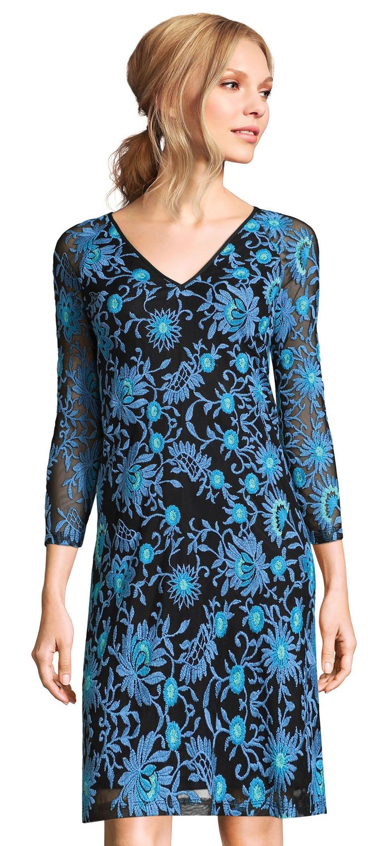 Adrianna Papell - AP1D100673 Embroidered Quarter Sleeve Sheath Dress In Blue