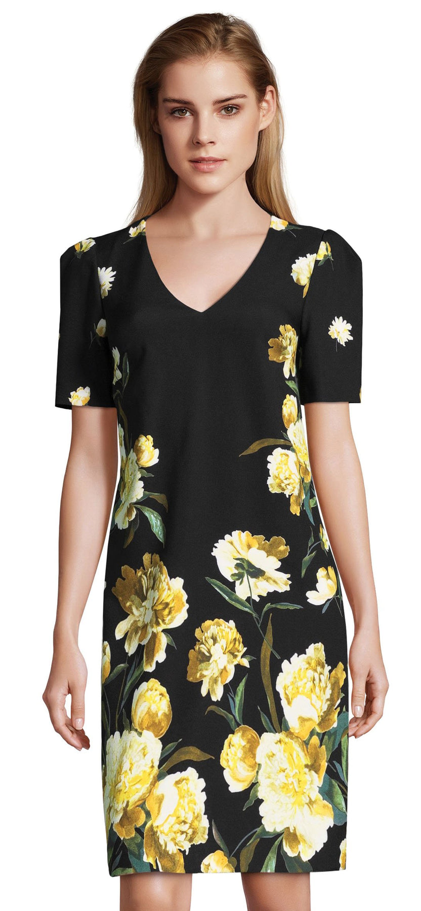 Adrianna Papell - AP1D102017 Floral V-Neck Cocktail Dress In Black and Multi-Color