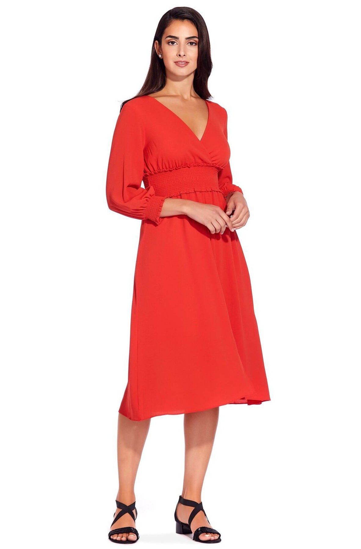 Adrianna Papell - AP1D103500 Long Sleeve V-neck Ruched A-line Dress In Orange
