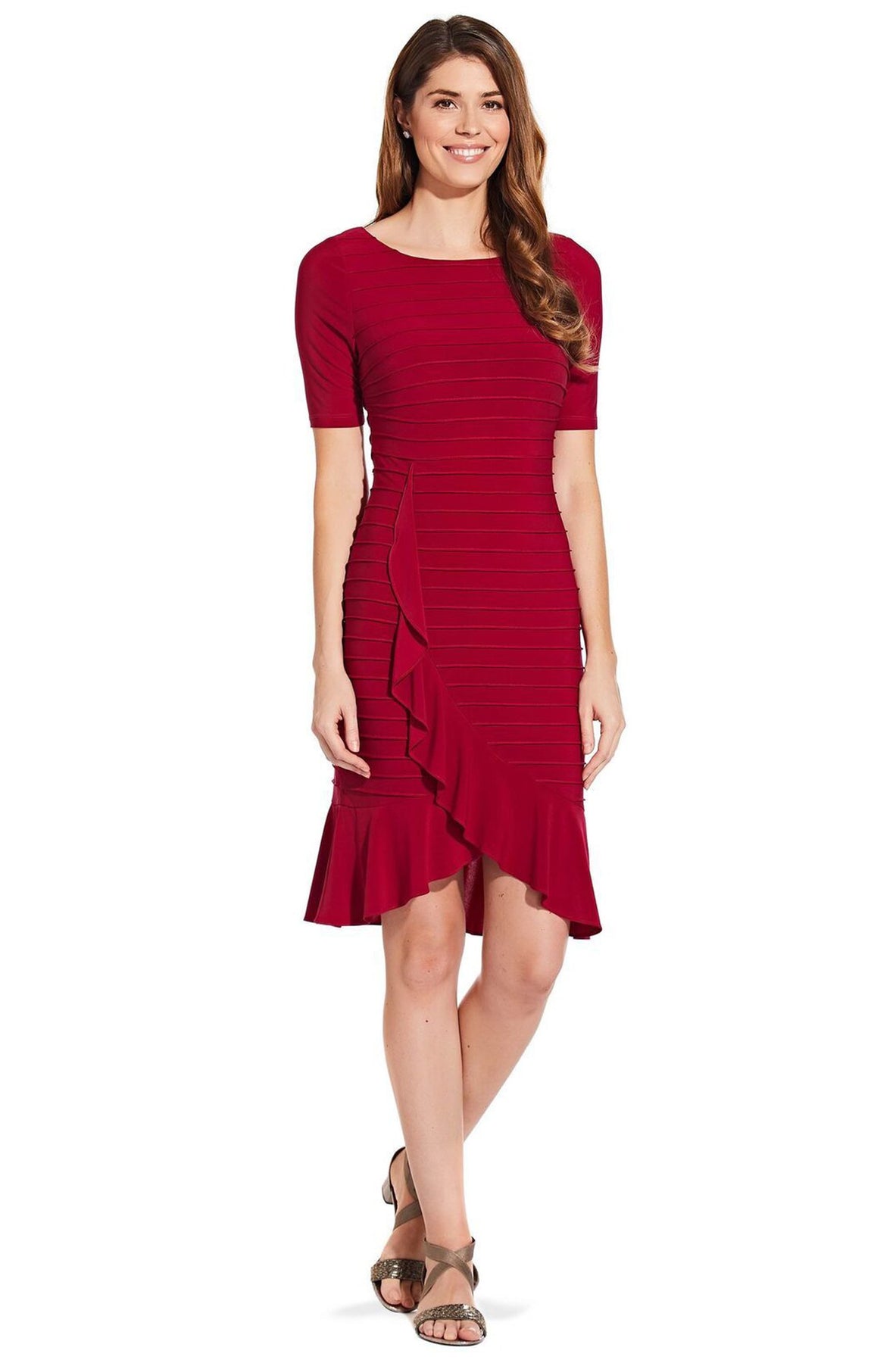 Adrianna Papell - AP1D103506 Bateau Ribbed Jersey Sheath Dress In Red
