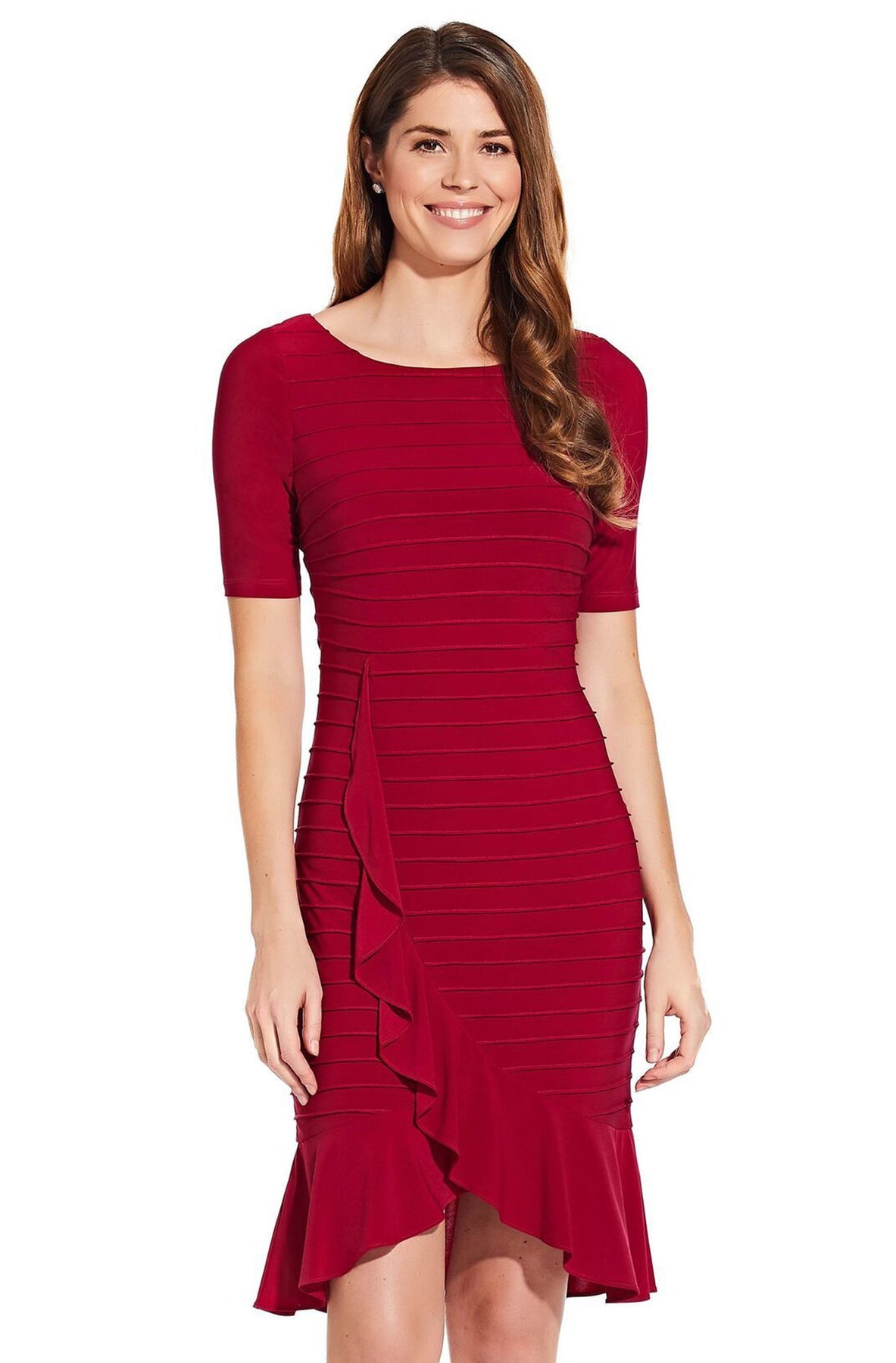 Adrianna Papell - AP1D103506 Bateau Ribbed Jersey Sheath Dress In Red